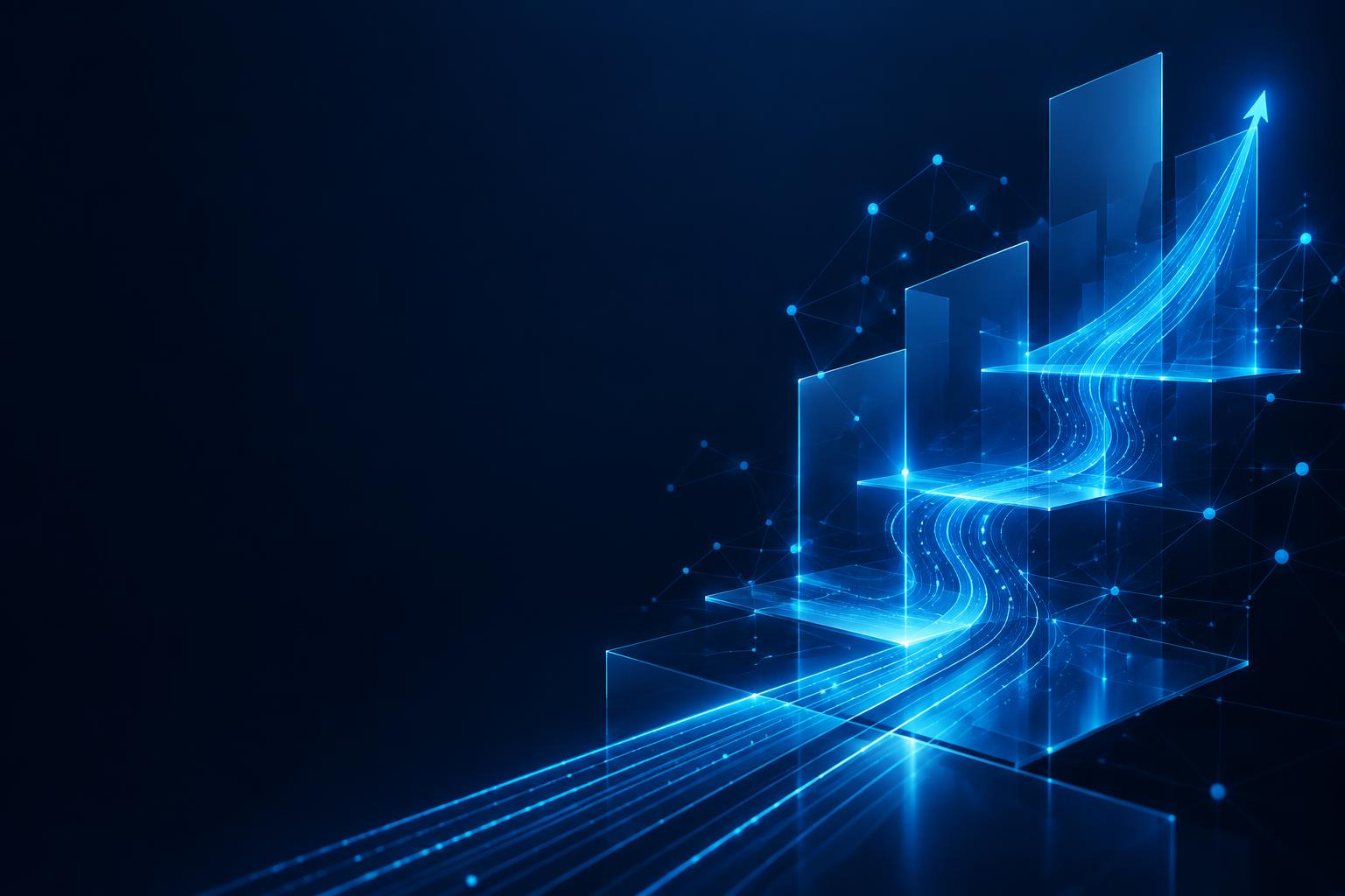 Abstract illuminated technology pathways rising upward